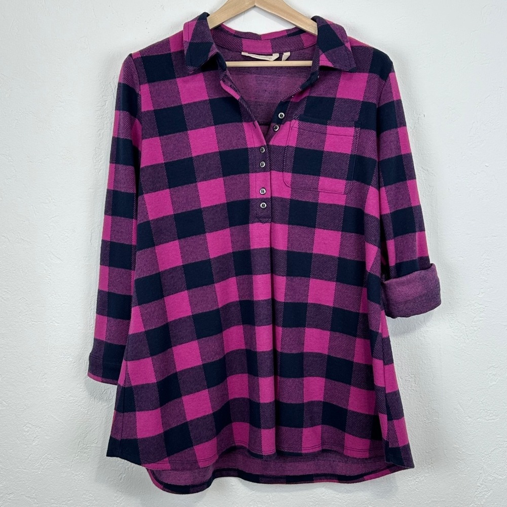 Soft Surroundings Womens Mad About Plaid Tunic Shirt Dress Sz L Pink Soft Fleece